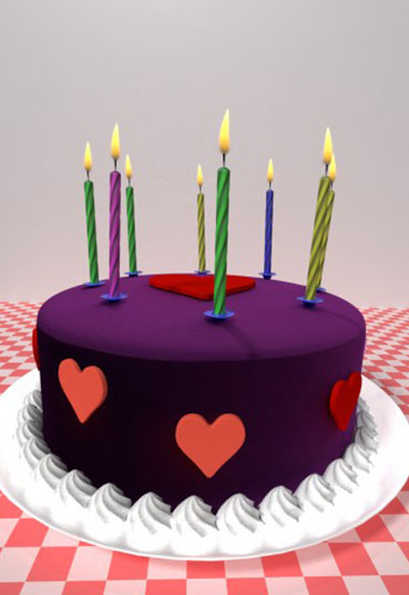 Birthday cake with purple frosting, pink hearts and multi colored candles