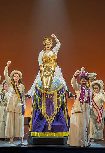 Monica Tulia Ramirez (Inez Milholland) and company in the First National Touring Company of SUFFS. Photo by Joan Marcus, 2025.