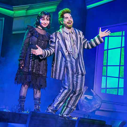 David Wilson (Adam), Kaitlin Feely (Barbara), Leianna Weaver (Lydia) and Ryan Stajmiger (Beetlejuice) in BEETLEJUICE: THE MUSICAL North American Tour. Photo by Matthew Murphy, 2026.