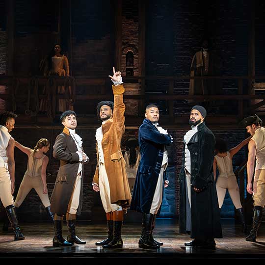 Hamilton (l-r) León Tak, Tyler Fauntleroy, Christian Magby, Eddie Ortega, and Company - HAMILTON National Tour - (c) Joan Marcus 2026