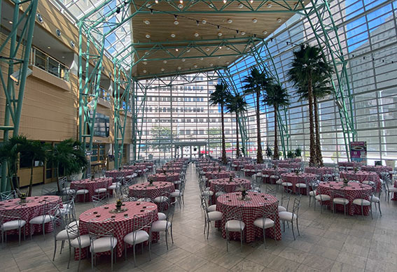 Schuster Center Wintergarden set up for a private event