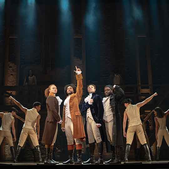 Dayton Live Broadway Series Hamilton. Nathan Haydel, Tyler Fauntleroy, Jared Howelton, Elvie Ellis, and-Company. Hamilton National Tour. Photo by Joan Marcus.